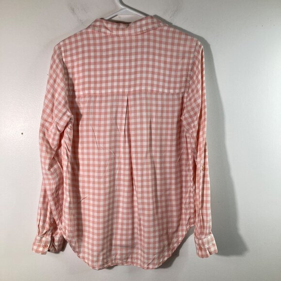 Womens Time and Tru Gingham Button Shirt Roll Tab Sleeve S Pink White Viscose - Picture 2 of 9